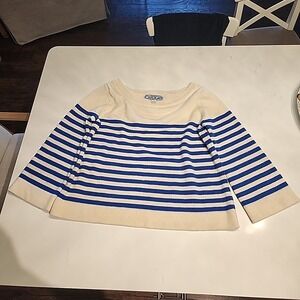 Cardigan White Blue Striped Sweater In Large Size 100% Merino Wool